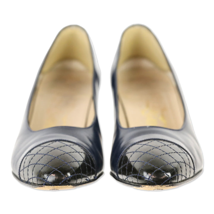 Salvatore Ferragamo Navy Leather Quilted Cap Toe Pump