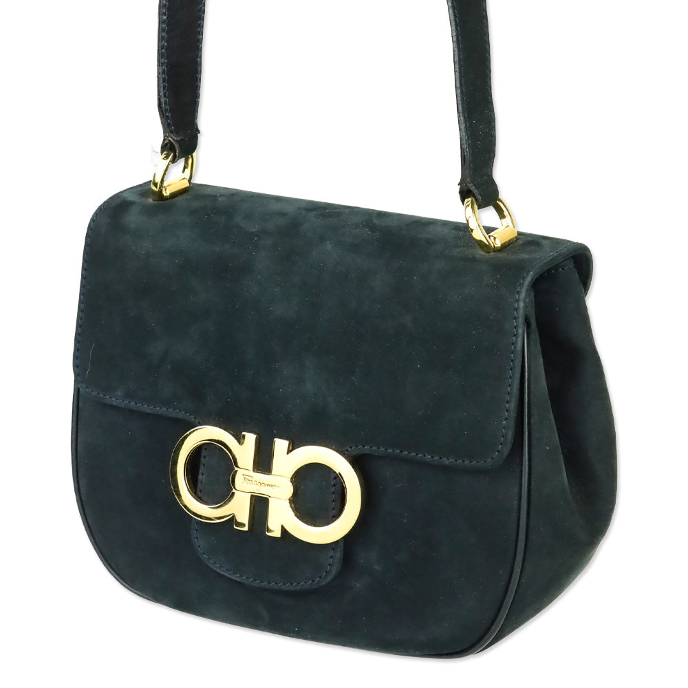Salvatore Ferragamo Navy Suede Double Gancini North-South crossbody bag (XS)
