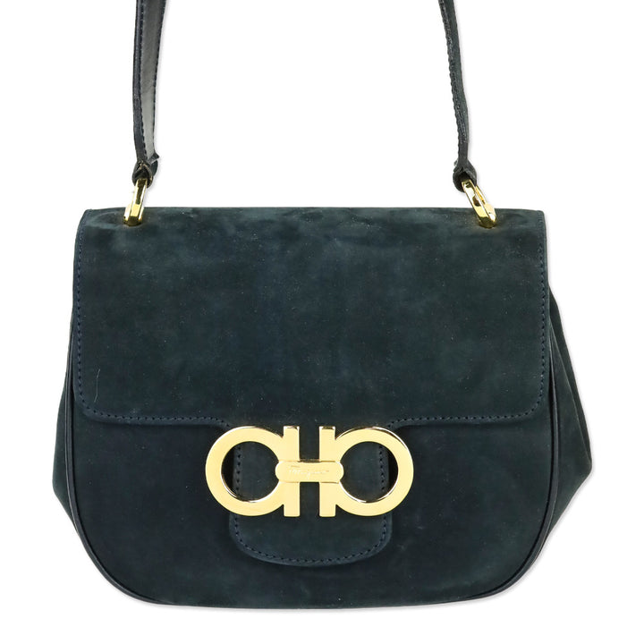 Salvatore Ferragamo Navy Suede Double Gancini North-South crossbody bag (XS)