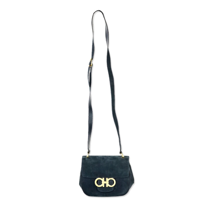 Salvatore Ferragamo Navy Suede Double Gancini North-South crossbody bag (XS)
