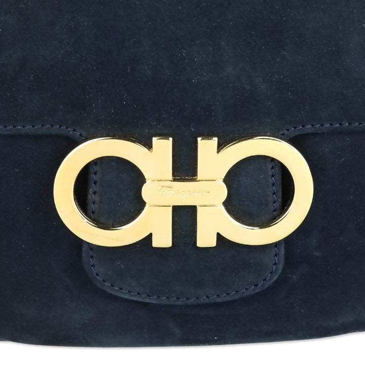 Salvatore Ferragamo Navy Suede Double Gancini North-South crossbody bag (XS)