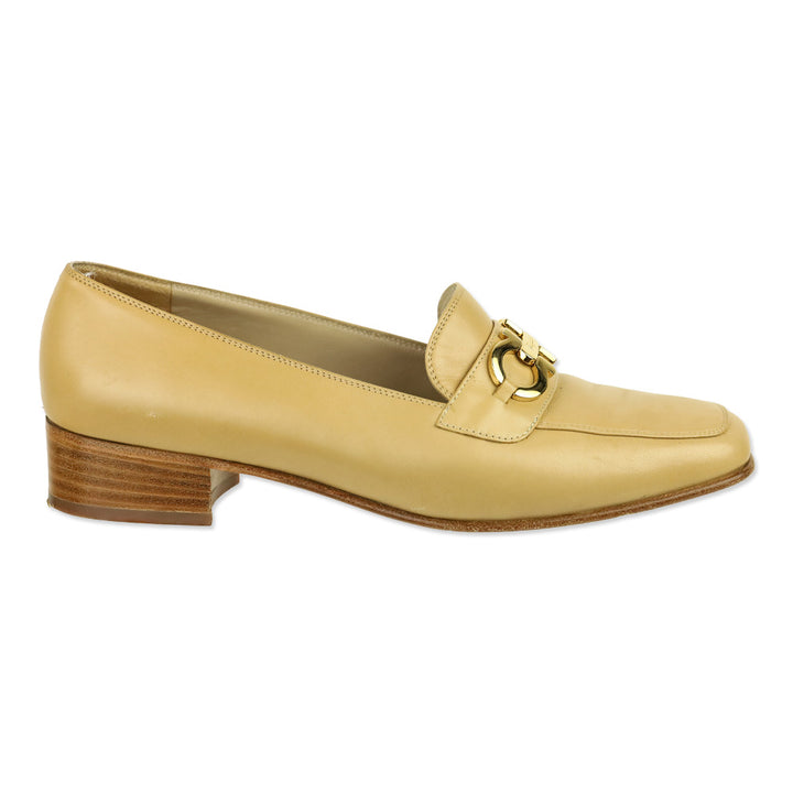 Salvatore Ferragamo Nude Leather Gancini Buckle Chunky Heel Loafers