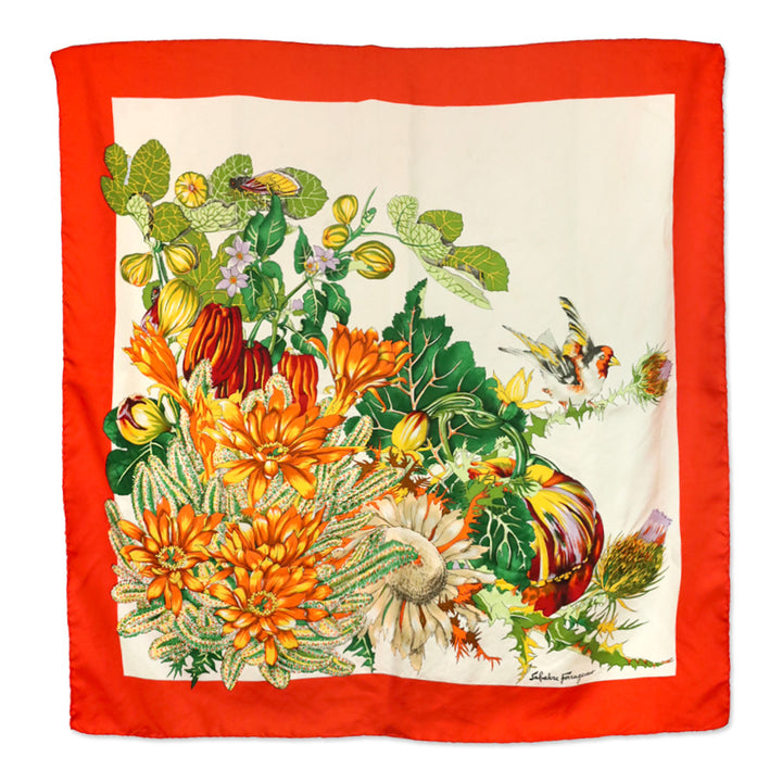Salvatore Ferragamo Orange Harvest Pumpkin Mum Prink Silk Scarf