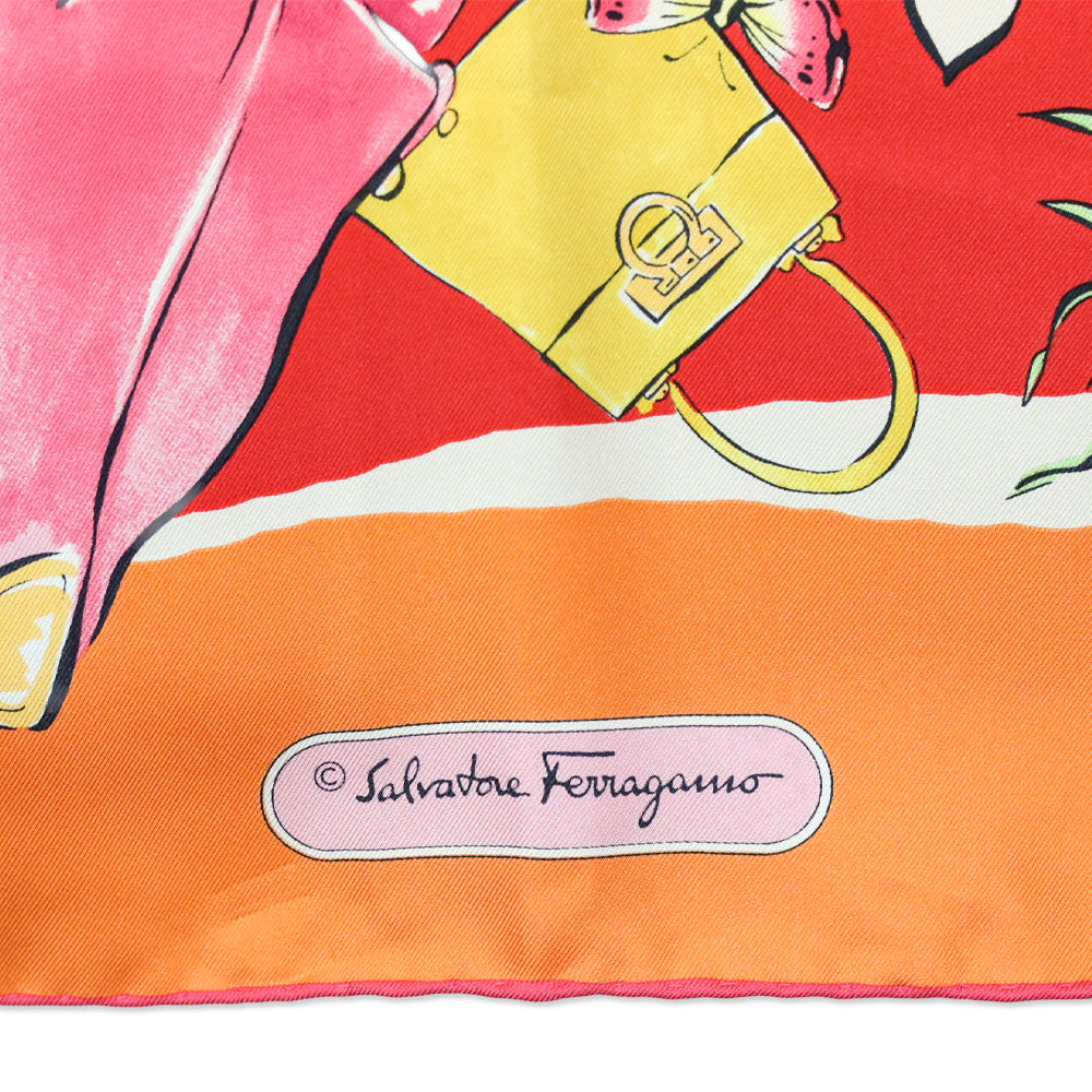 Salvatore Ferragamo Orange/Red Floral Shopping Print Silk Scarf