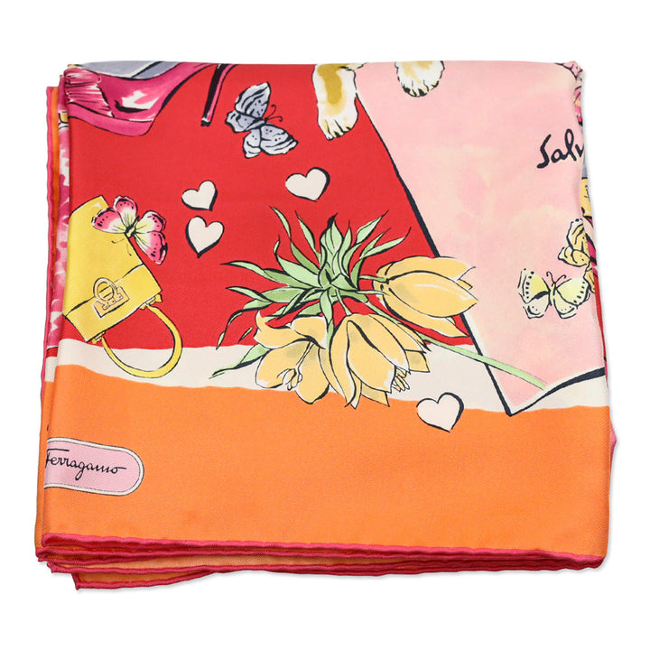 Salvatore Ferragamo Orange/Red Floral Shopping Print Silk Scarf