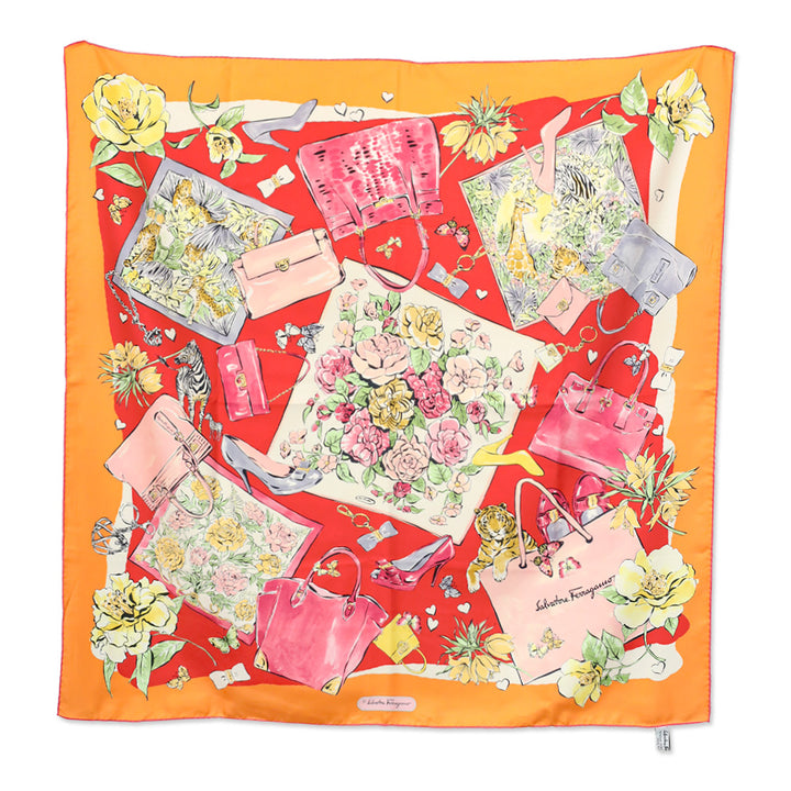 Salvatore Ferragamo Orange/Red Floral Shopping Print Silk Scarf