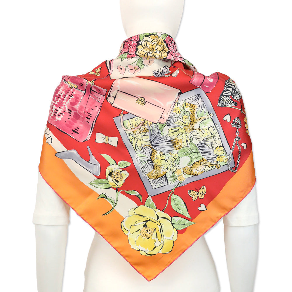 Salvatore Ferragamo Orange/Red Floral Shopping Print Silk Scarf