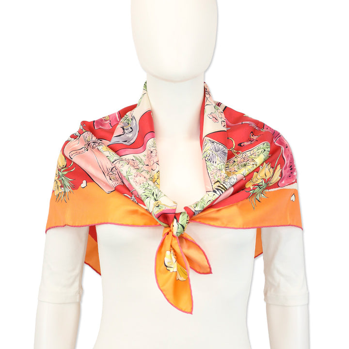 Salvatore Ferragamo Orange/Red Floral Shopping Print Silk Scarf
