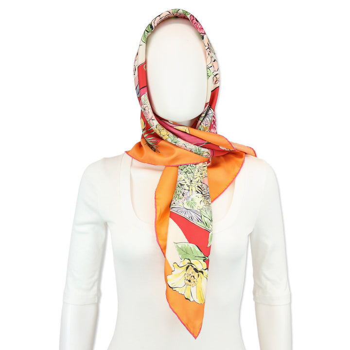 Salvatore Ferragamo Orange/Red Floral Shopping Print Silk Scarf