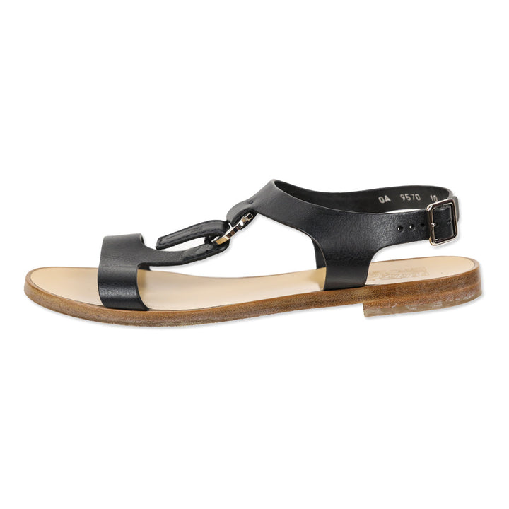 Salvatore Ferragamo Pana Black Leather T-Strap Flat Sandal