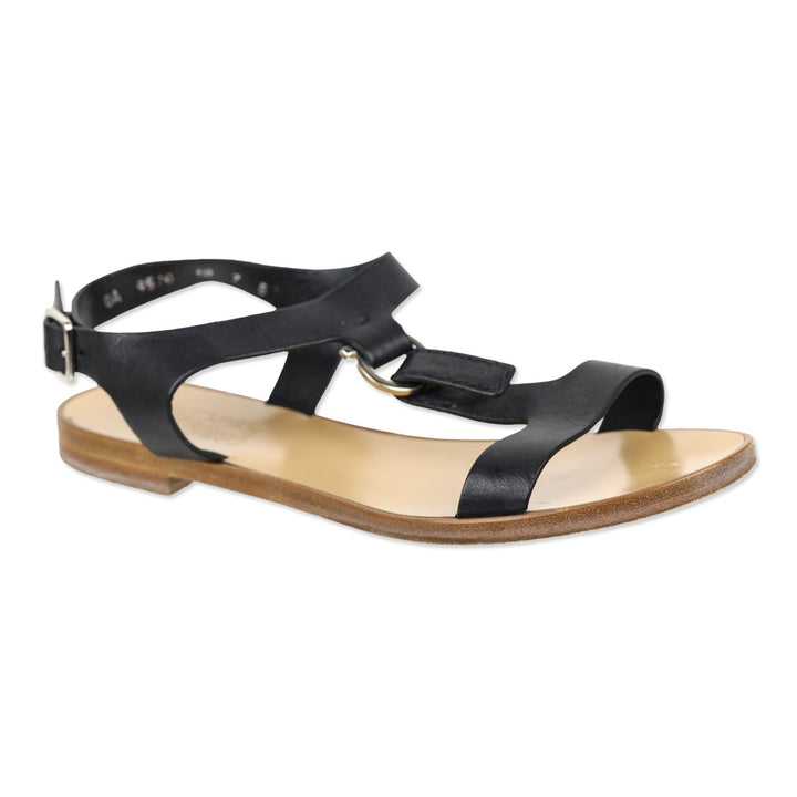 Salvatore Ferragamo Pana Black Leather T-Strap Flat Sandal