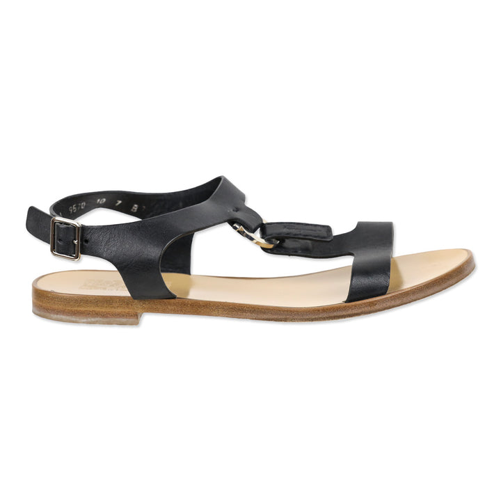 Salvatore Ferragamo Pana Black Leather T-Strap Flat Sandal