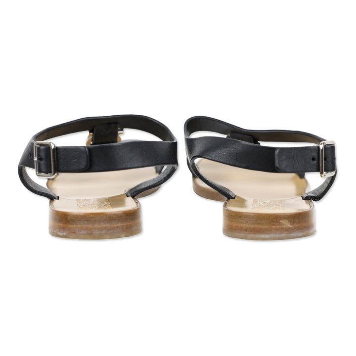 Salvatore Ferragamo Pana Black Leather T-Strap Flat Sandal