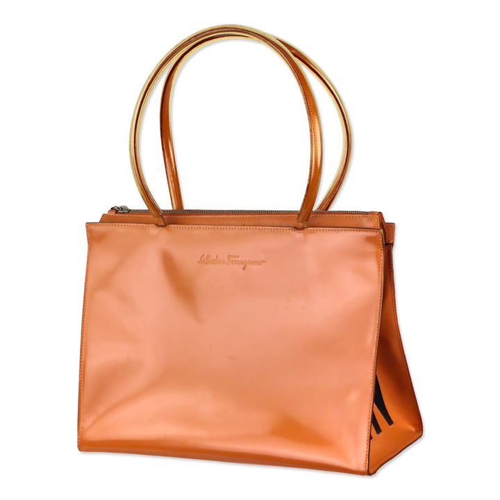 Salvatore Ferragamo Peach Orange Patent Leather and PVC Top Handle Bag