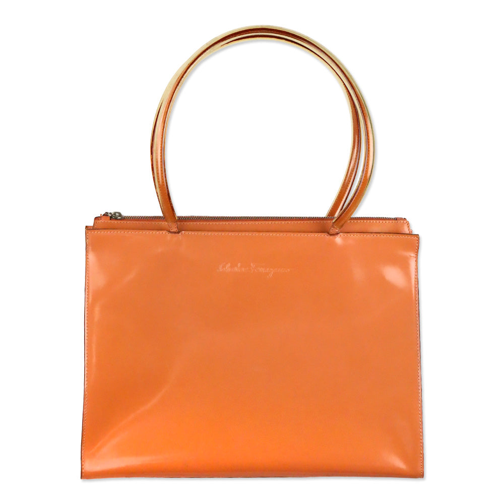 Salvatore Ferragamo Peach Orange Patent Leather and PVC Top Handle Bag