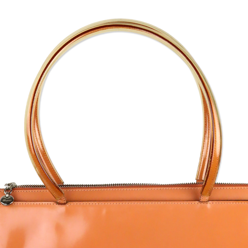 Salvatore Ferragamo Peach Orange Patent Leather and PVC Top Handle Bag