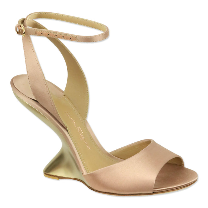 Salvatore Ferragamo Pink Satin F-Wedge Ankle Strap Sandals