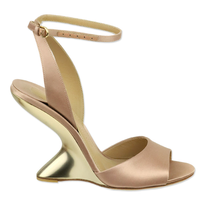 Salvatore Ferragamo Pink Satin F-Wedge Ankle Strap Sandals