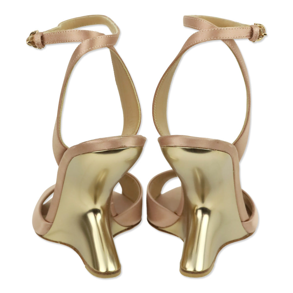 Salvatore Ferragamo Pink Satin F-Wedge Ankle Strap Sandals