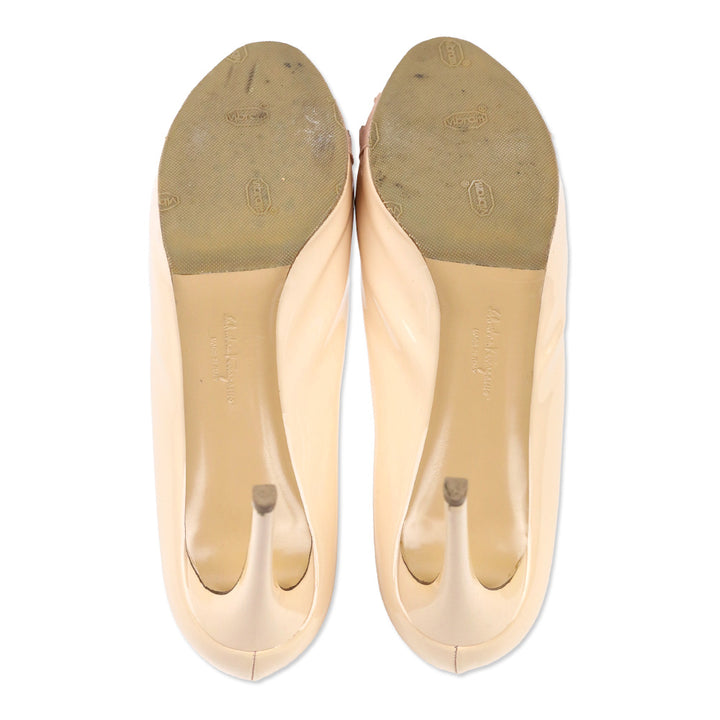 Salvatore Ferragamo Plum Vara Bow Nude Patent Leather Peep Toe Platform Pump