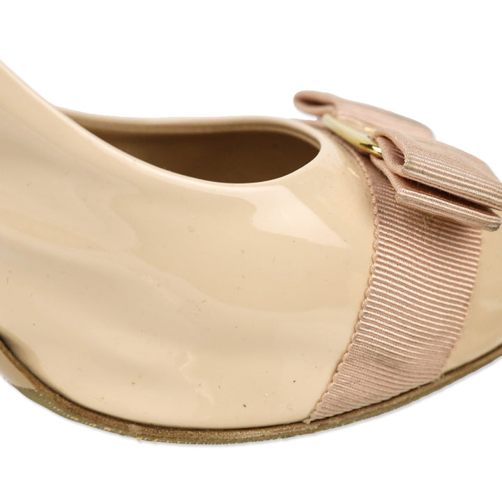 Salvatore Ferragamo Plum Vara Bow Nude Patent Leather Peep Toe Platform Pump