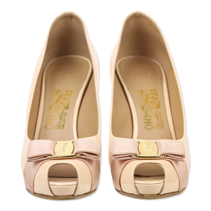 Salvatore Ferragamo Plum Vara Bow Nude Patent Leather Peep Toe Platform Pump