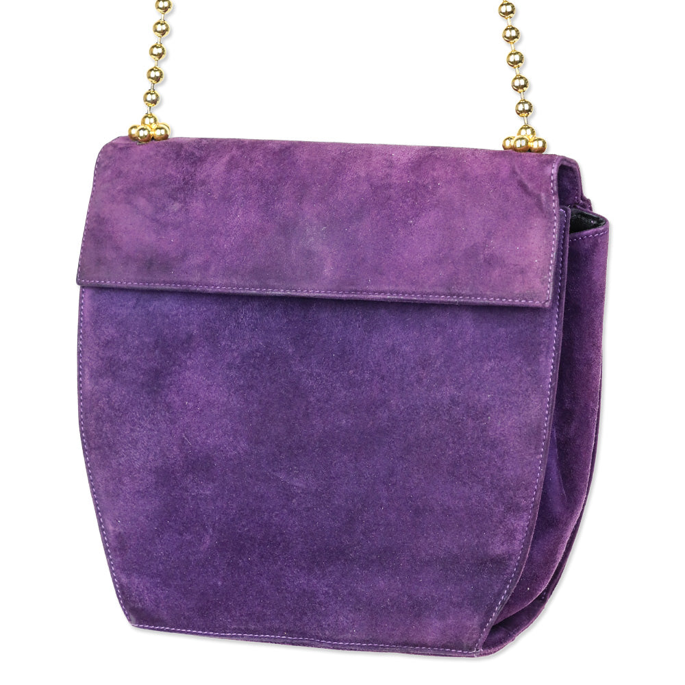 Salvatore Ferragamo Purple Suede Flap Crossbody Bad with Gold Ball Link Chain Strap