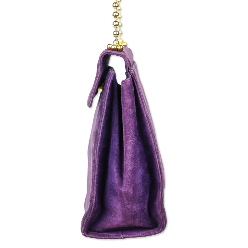 Salvatore Ferragamo Purple Suede Flap Crossbody Bad with Gold Ball Link Chain Strap