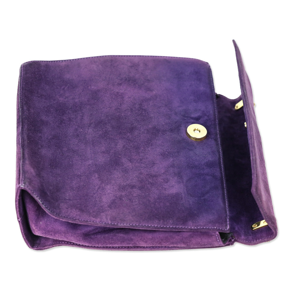 Salvatore Ferragamo Purple Suede Flap Crossbody Bad with Gold Ball Link Chain Strap