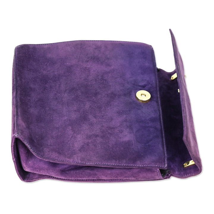 Salvatore Ferragamo Purple Suede Flap Crossbody Bad with Gold Ball Link Chain Strap