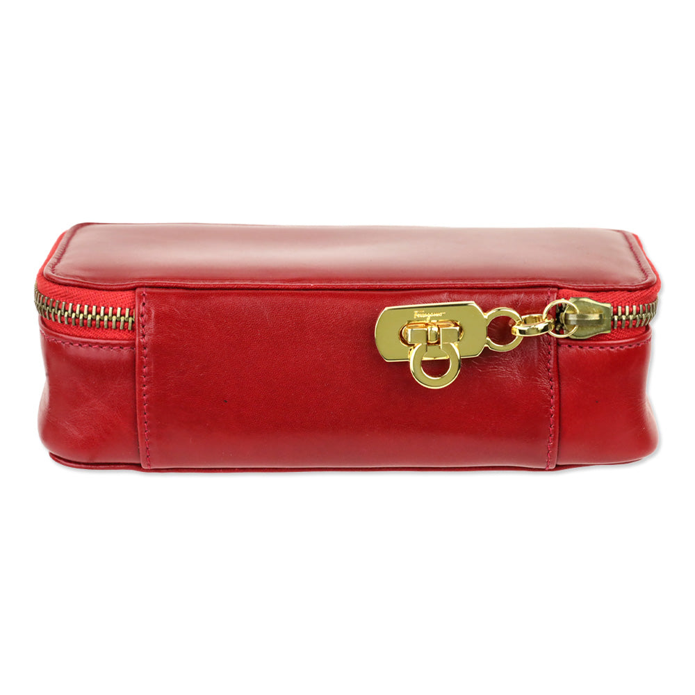 Salvatore Ferragamo Red Leather Gancini Zip Cosmetic Case