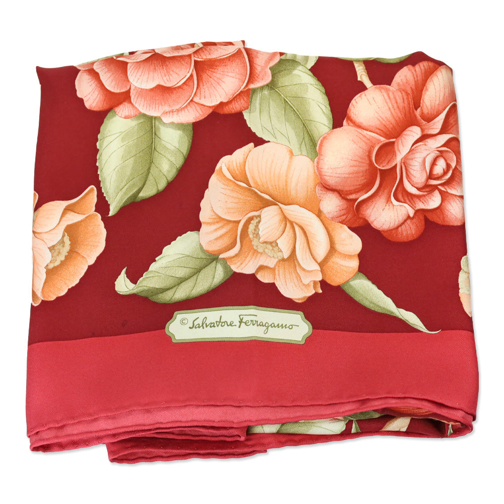 Salvatore Ferragamo Red Multi Floral Motif Silk Scarf