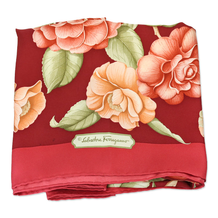 Salvatore Ferragamo Red Multi Floral Motif Silk Scarf