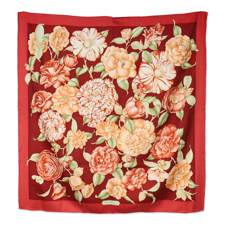 Salvatore Ferragamo Red Multi Floral Motif Silk Scarf