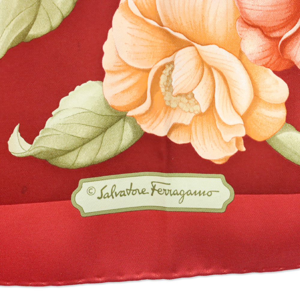Salvatore Ferragamo Red Multi Floral Motif Silk Scarf