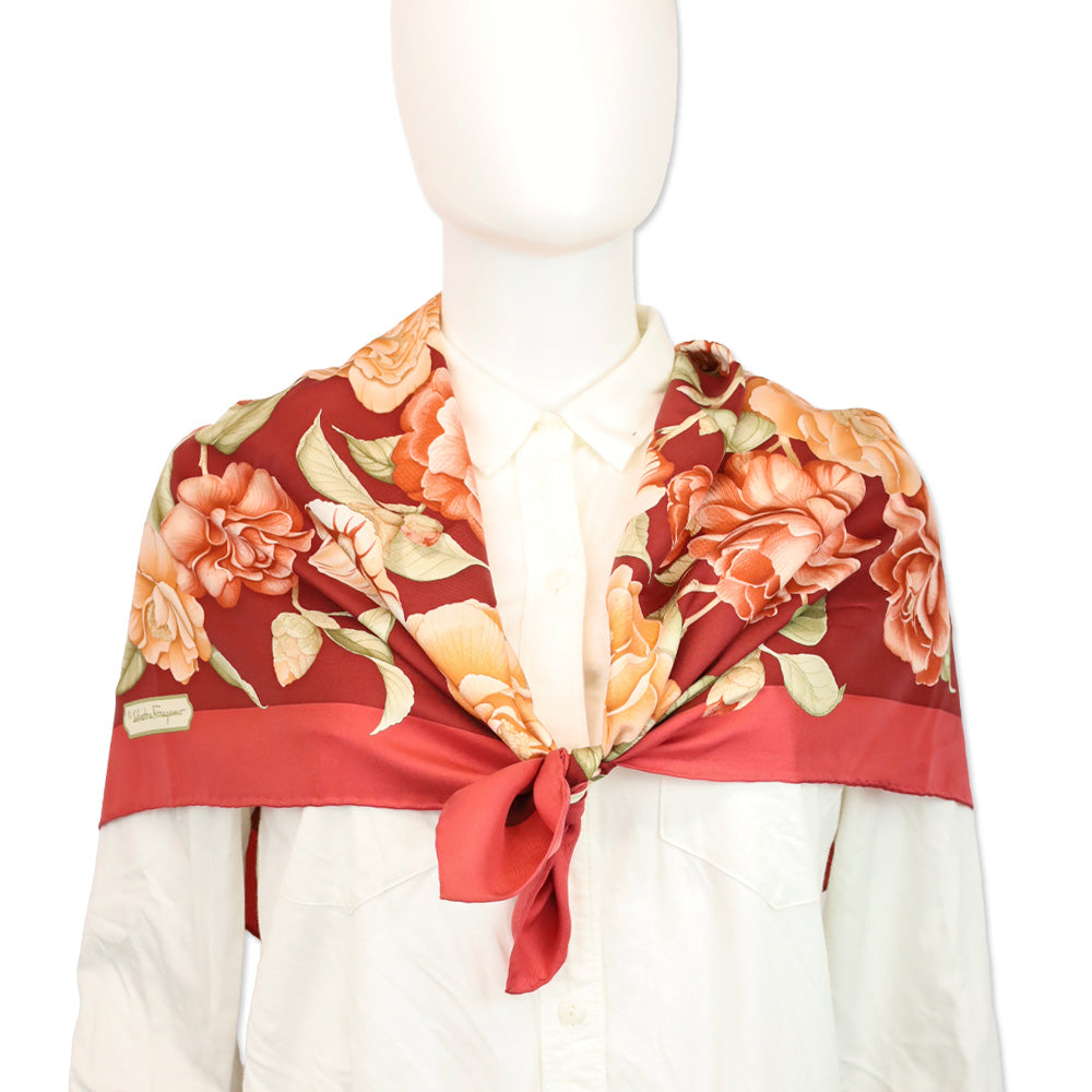 Salvatore Ferragamo Red Multi Floral Motif Silk Scarf