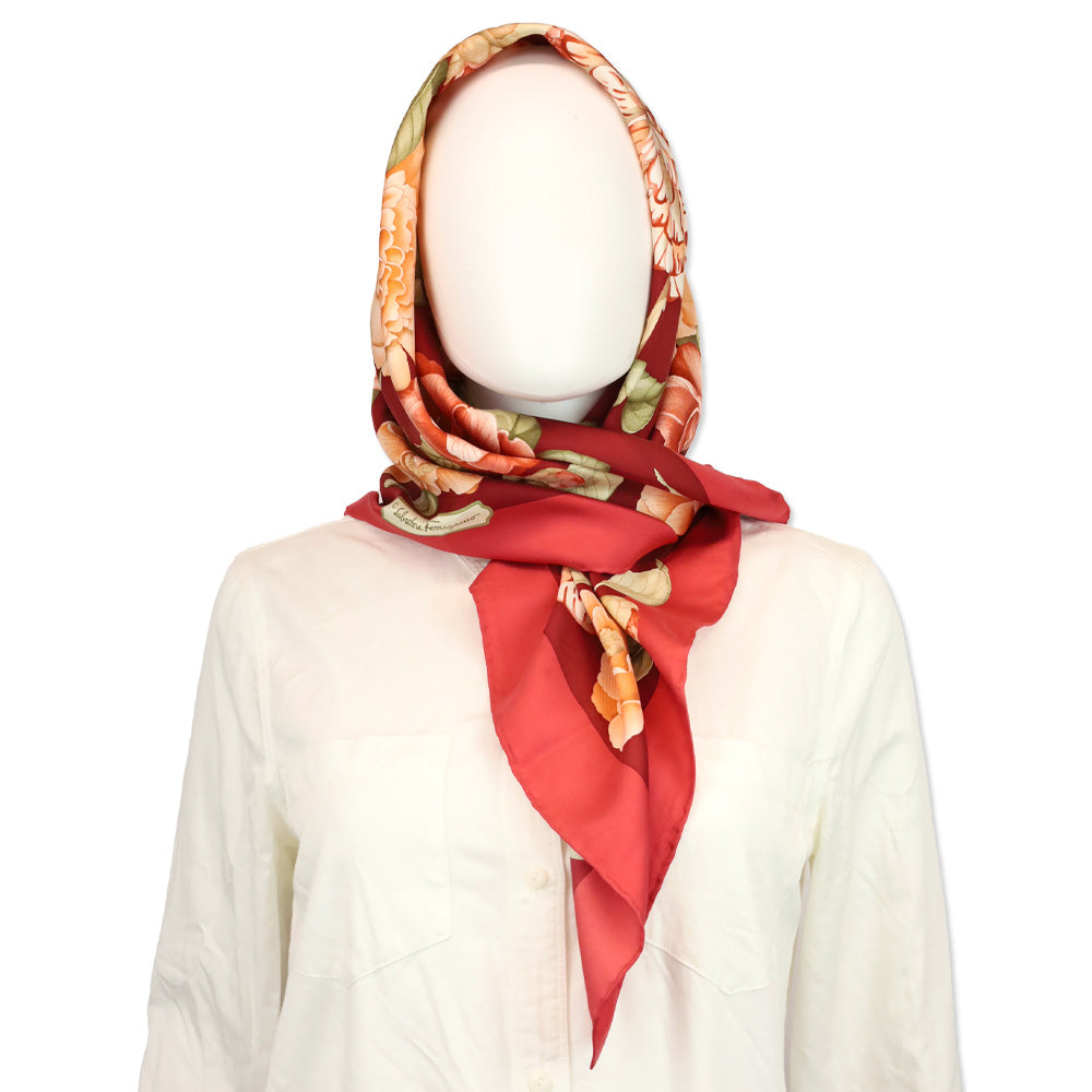 Salvatore Ferragamo Red Multi Floral Motif Silk Scarf