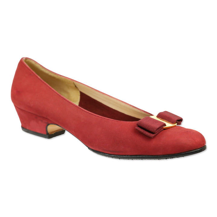 Salvatore Ferragamo Red Suede Vara Bow Pump