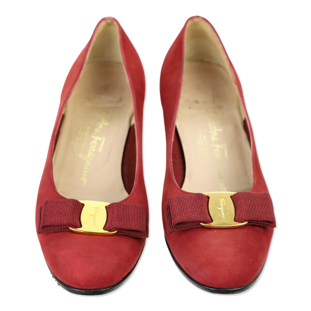 Salvatore Ferragamo Red Suede Vara Bow Pump