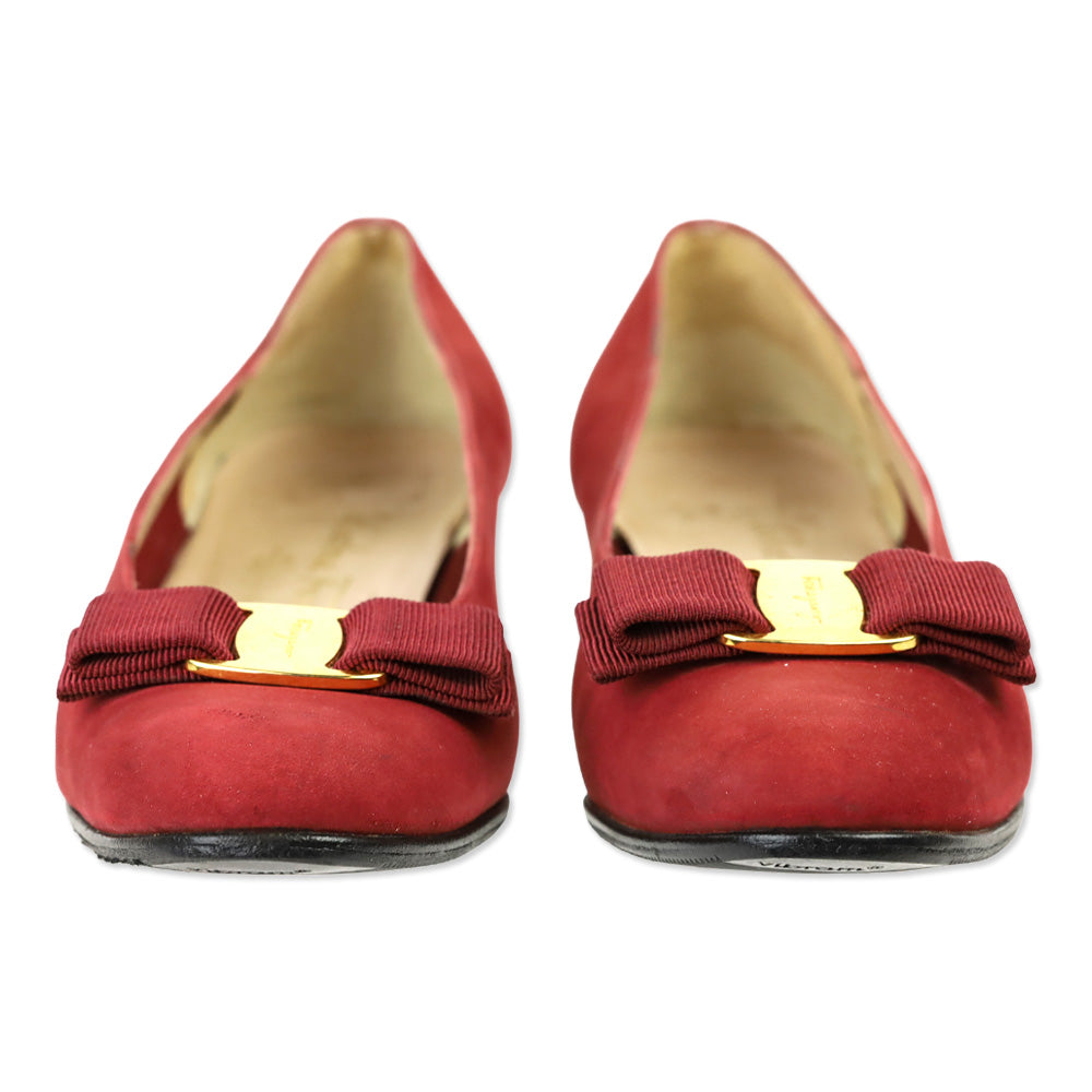 Salvatore Ferragamo Red Suede Vara Bow Pump