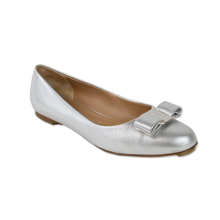 Salvatore Ferragamo Silver Round Toe Ballet Flats