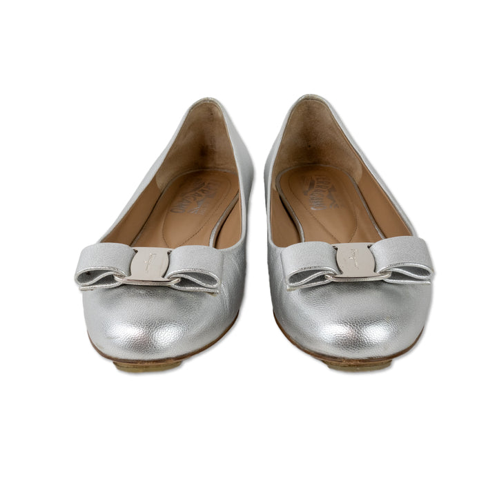 Salvatore Ferragamo Silver Round Toe Ballet Flats