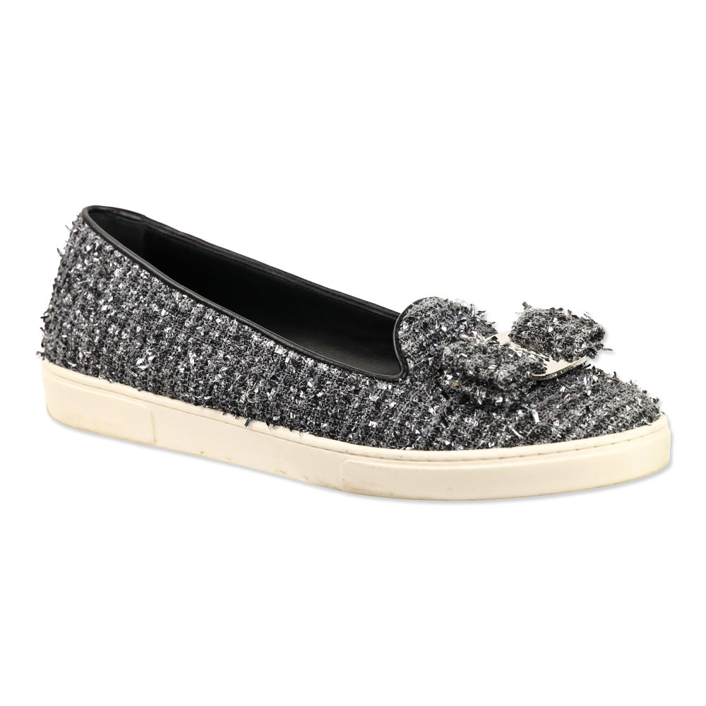 Salvatore Ferragamo Silver Tweed Vera Bow Slip-On Sneaker