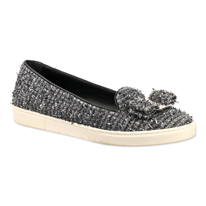 Salvatore Ferragamo Silver Tweed Vera Bow Slip-On Sneaker
