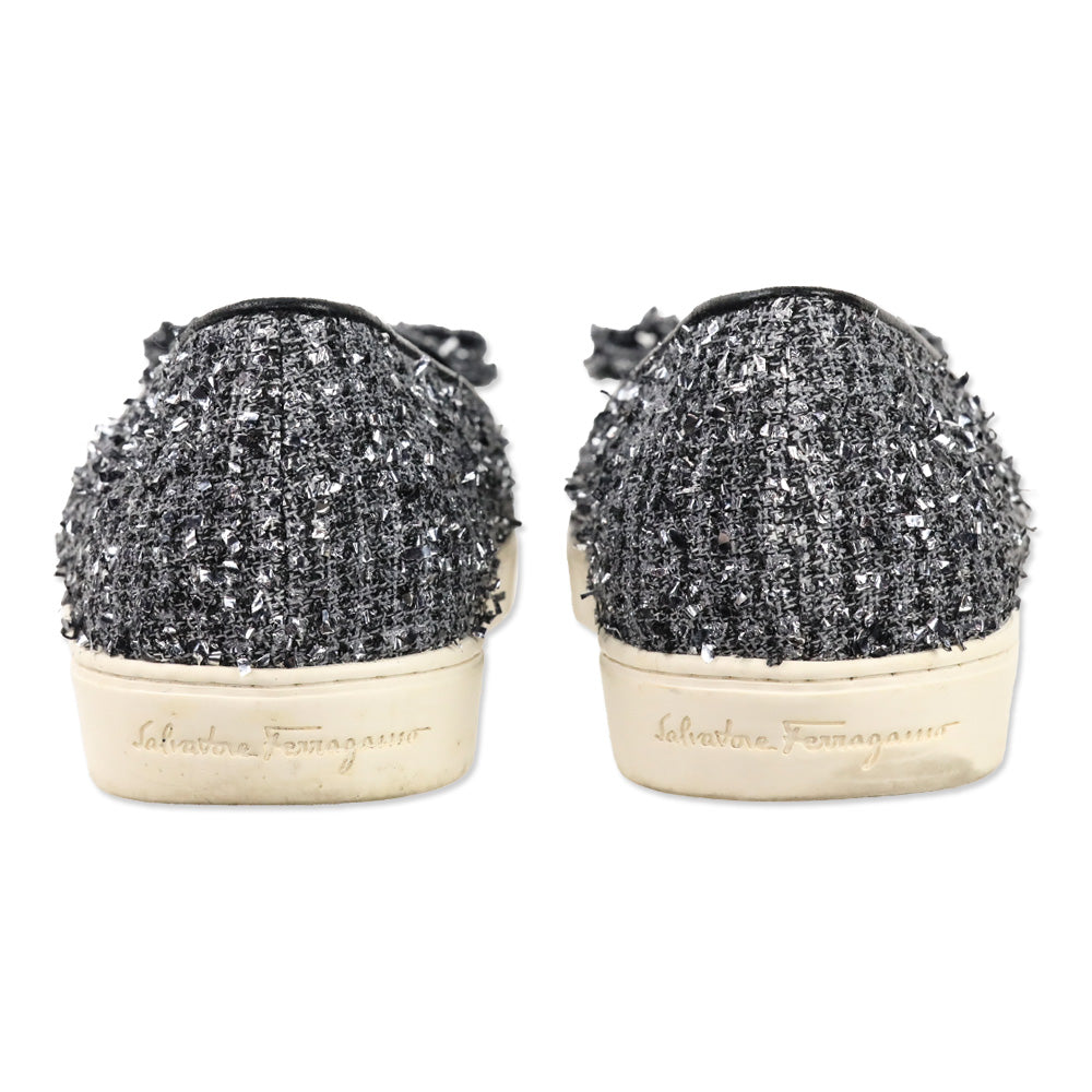 Salvatore Ferragamo Silver Tweed Vera Bow Slip-On Sneaker