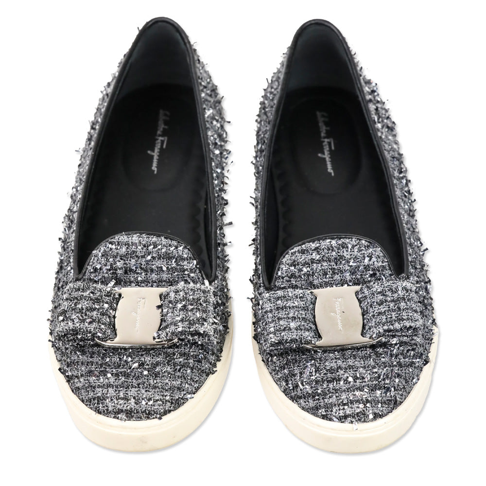 Salvatore Ferragamo Silver Tweed Vera Bow Slip-On Sneaker
