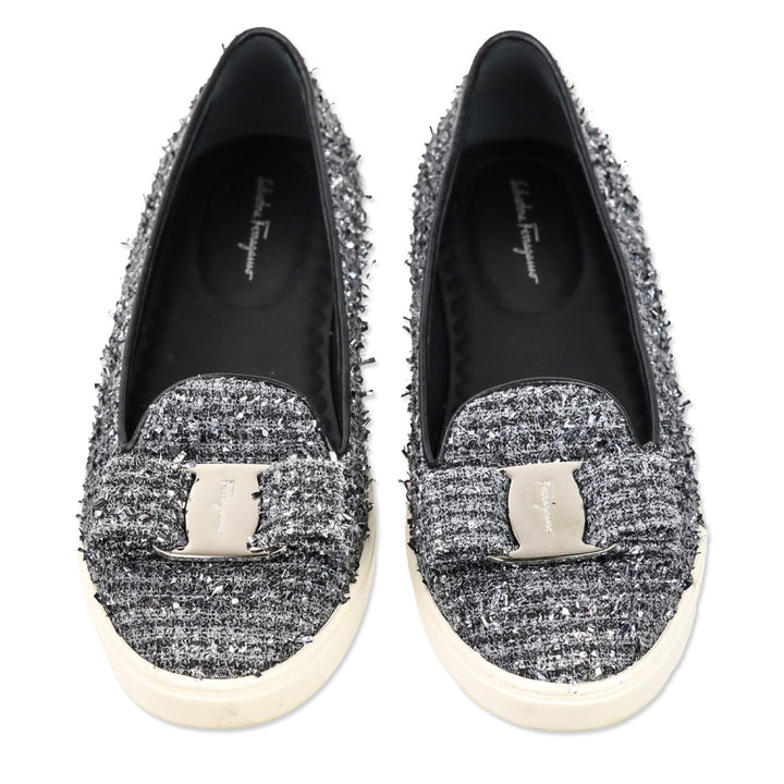 Salvatore Ferragamo Silver Tweed Vera Bow Slip-On Sneaker