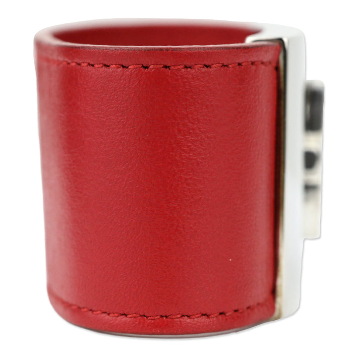 Salvatore Ferragamo Silvertone Gancini Flip Lock Wide Red Leather Bracelet