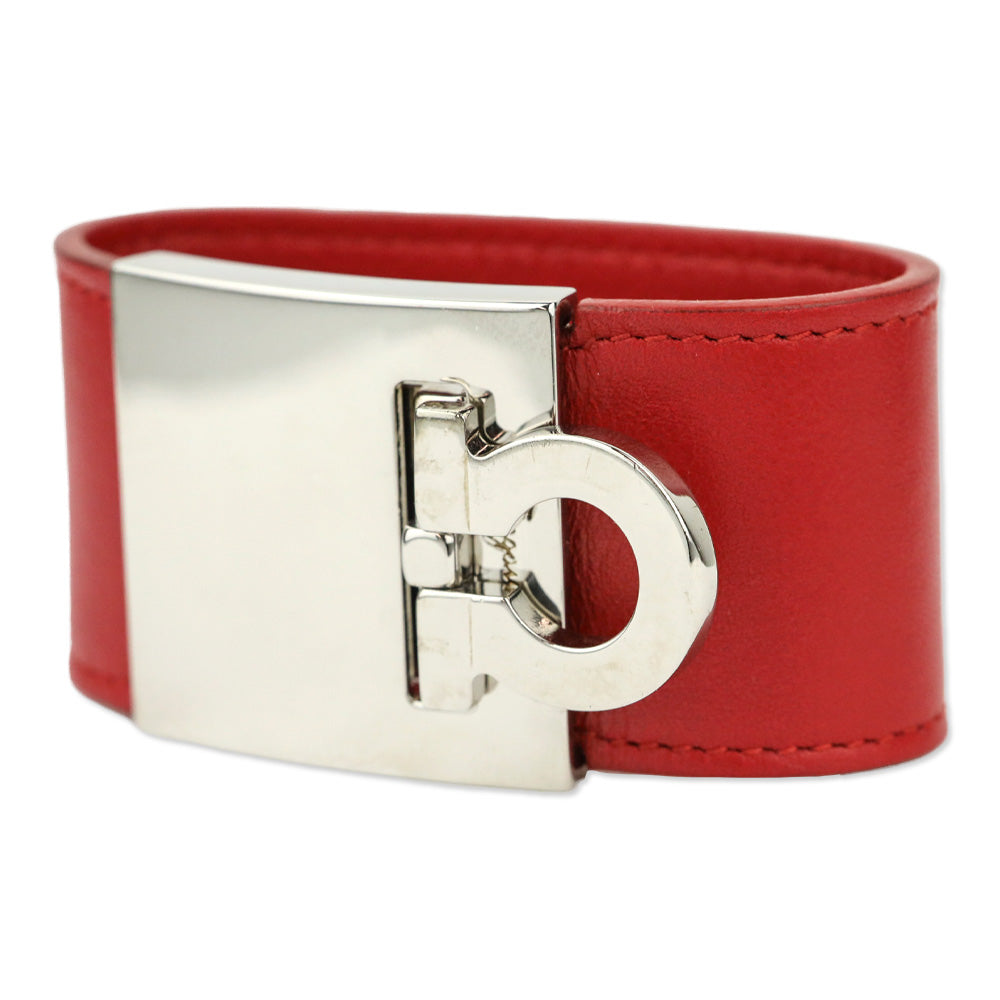 Salvatore Ferragamo Silvertone Gancini Flip Lock Wide Red Leather Bracelet