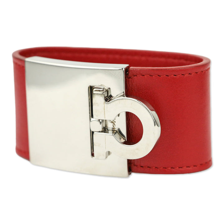 Salvatore Ferragamo Silvertone Gancini Flip Lock Wide Red Leather Bracelet